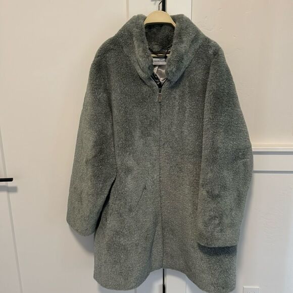 Calvin Klein Womens Size 2X Gray Soft Faux-Fur Mid-Length Anorak Coat Front Zip - Picture 2 of 16